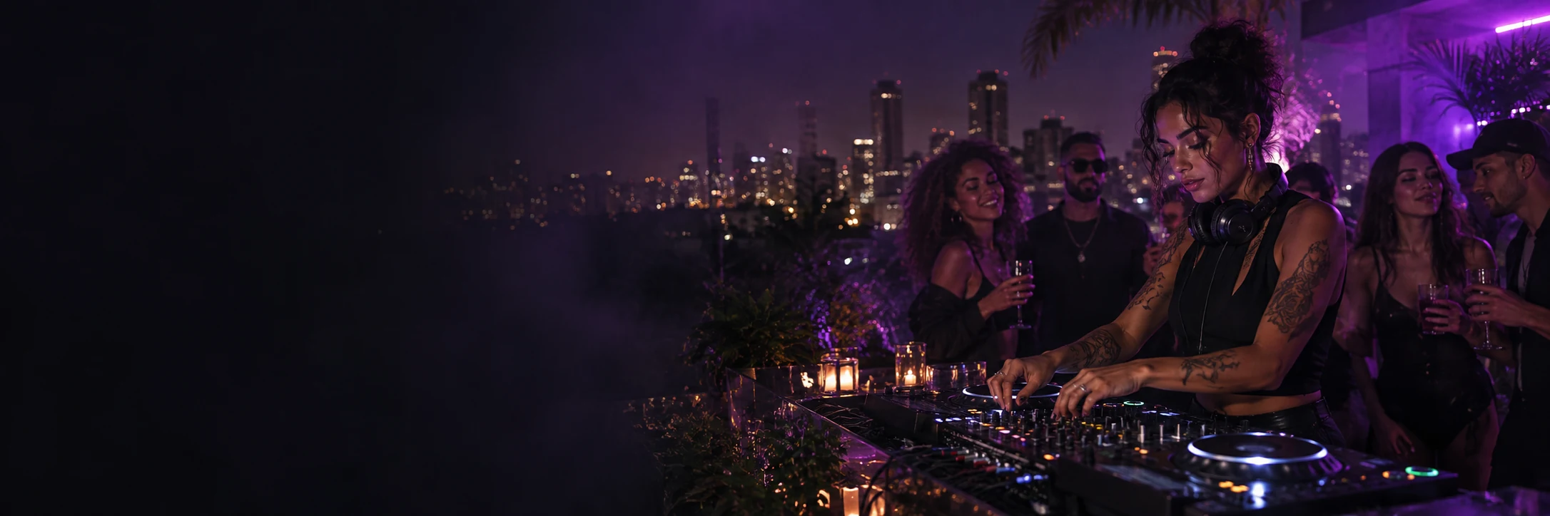 Imagem conceitual de DJ ao vivo e amigos em uma cobertura, com iluminação roxa