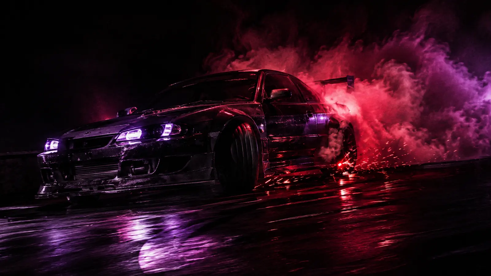 Carro em drift soltando fumaça de pneu na cobertura do estacionamento